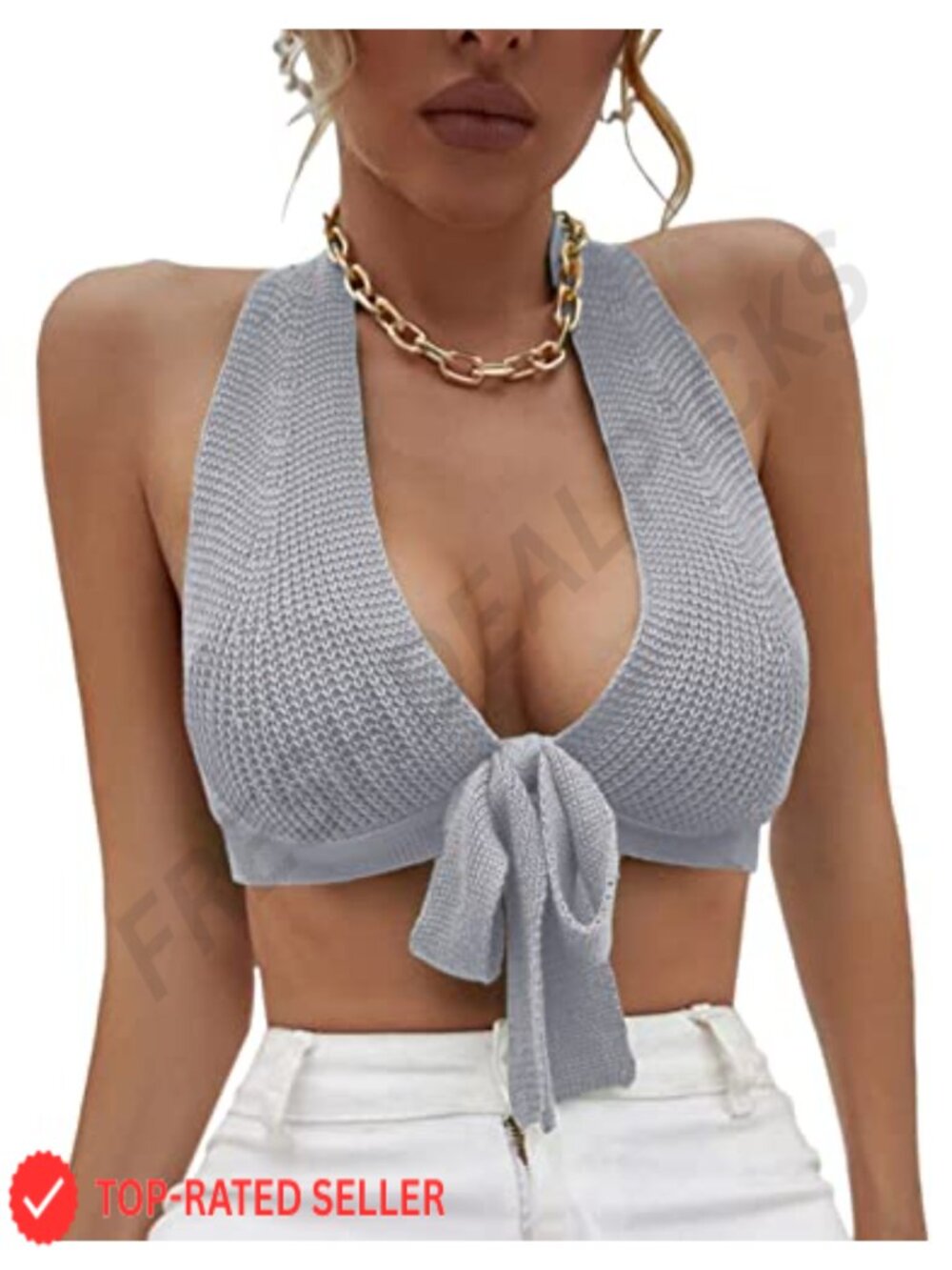 Sexy Deep V Neck Ribbed Knit Halter Crop Top Bow-Knot Backless Cami